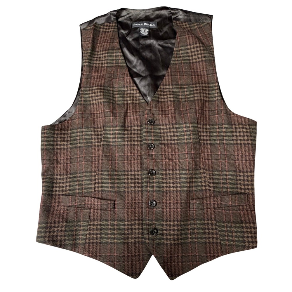 Vintage Banana Republic 100% Wool Plaid Waistcoat Vest Men's L Made in Hong Kong